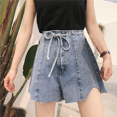 Дамски къси дънки с висока талия и връзки в син цвят