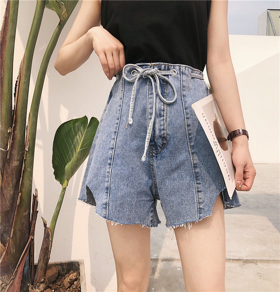 Дамски къси дънки с висока талия и връзки в син цвят