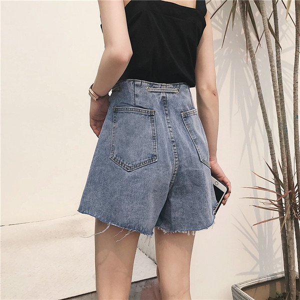 Дамски къси дънки с висока талия и връзки в син цвят