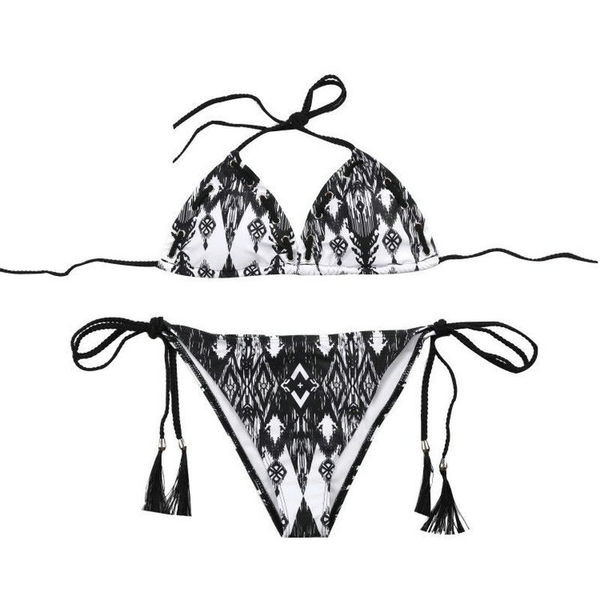 Costum de baie din două piese cu top triunghiular alb-negru