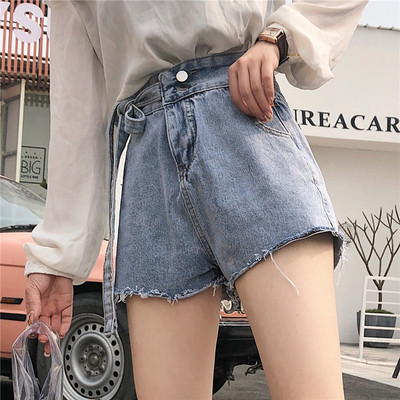 Blugi moderni de dama cu talie inalta si sireturi in albastru