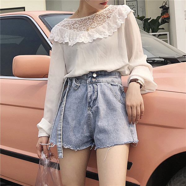 Blugi moderni de dama cu talie inalta si sireturi in albastru