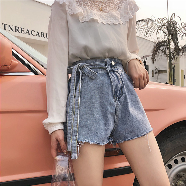 Blugi moderni de dama cu talie inalta si sireturi in albastru