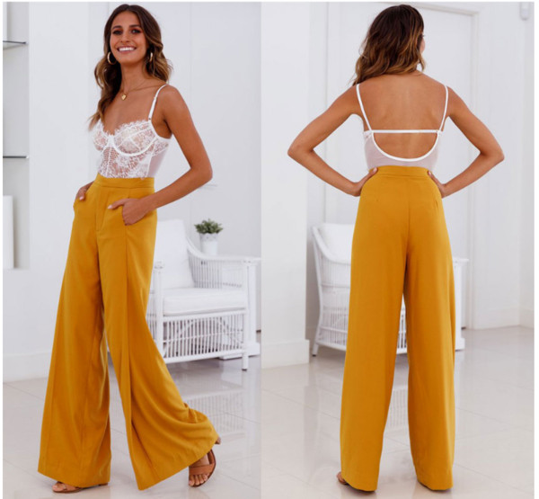 Stílusos női széles modellnadrág magas derékkal, fehér és sárga színben