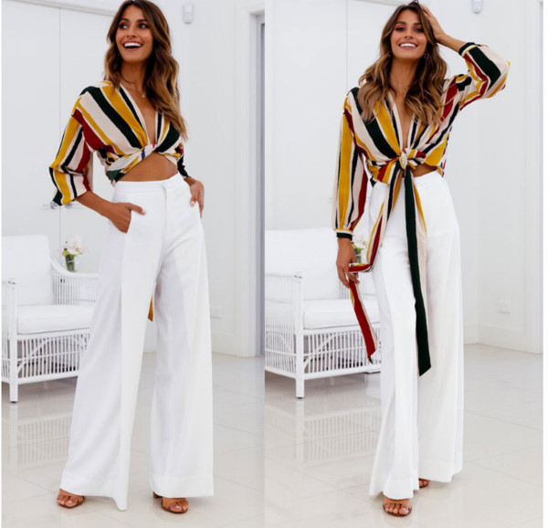 Stílusos női széles modellnadrág magas derékkal, fehér és sárga színben