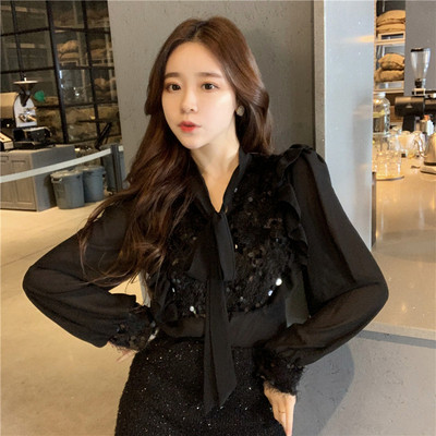 Modern női ing két színben, flitterekkel és hosszú ujjal