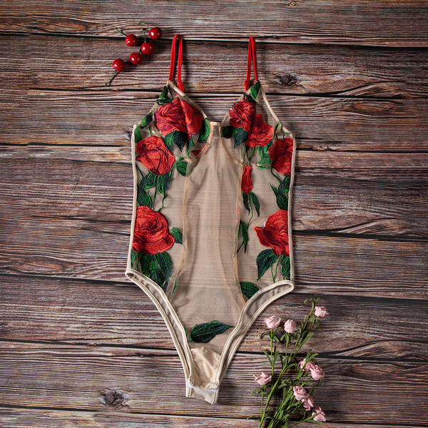 Corp de dama transparent cu motive florale in negru si bej