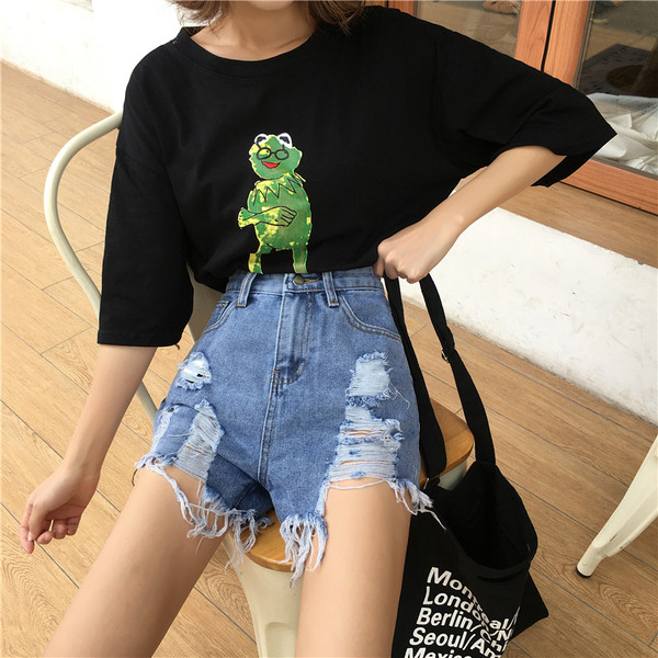 Blugi de dama moderni cu motive rupte de culoare albastra si talie inalta