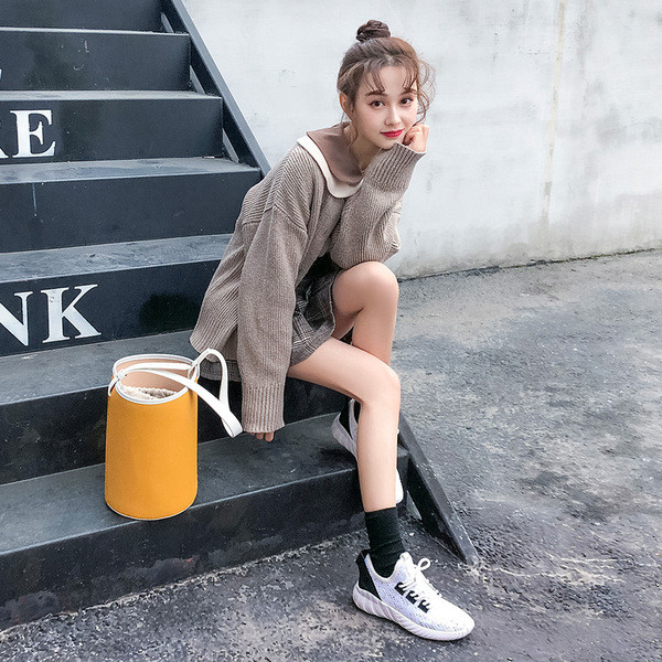 Adidasi sport de dama cu talpa groasa in roz, alb si negru