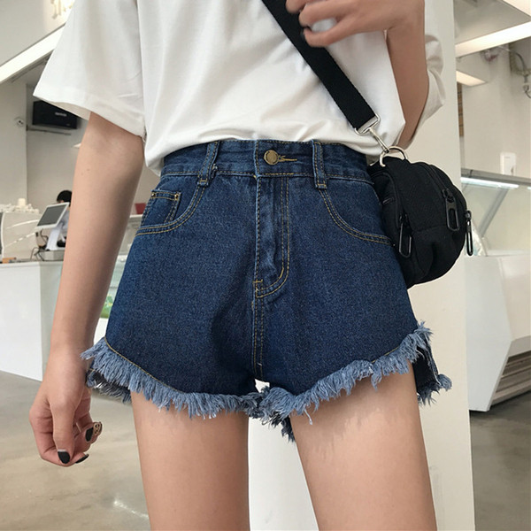 Blugi scurti de dama cu talie inalta si motive rupte in albastru