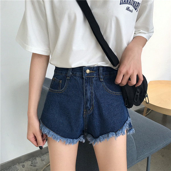 Blugi scurti de dama cu talie inalta si motive rupte in albastru