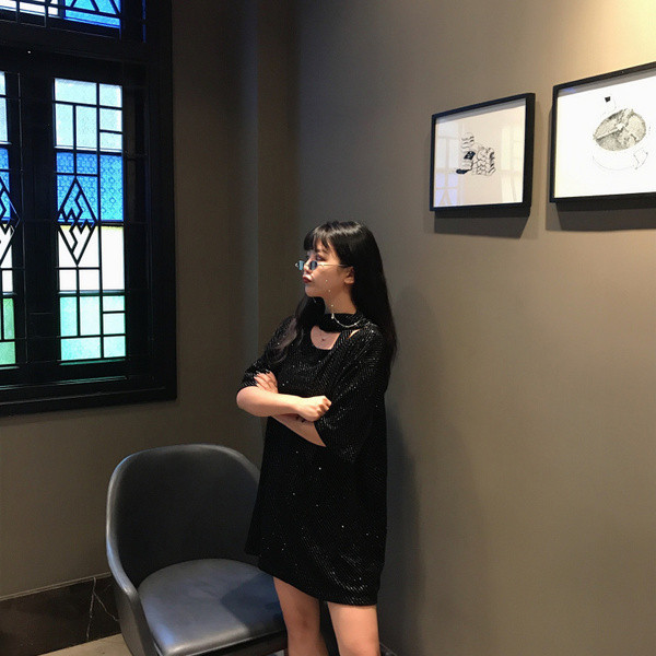 Rochie moderna de dama in negru cu cravate si maneci 3/4