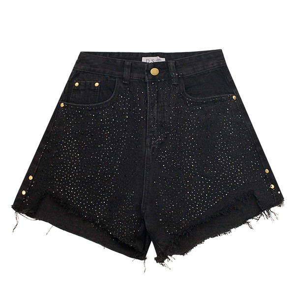 Blugi scurti de dama la moda in negru cu talie inalta si pietre