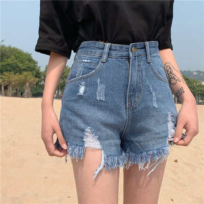 Модерни дамски дънки с висока талия и разкъсани мотиви в два цвята