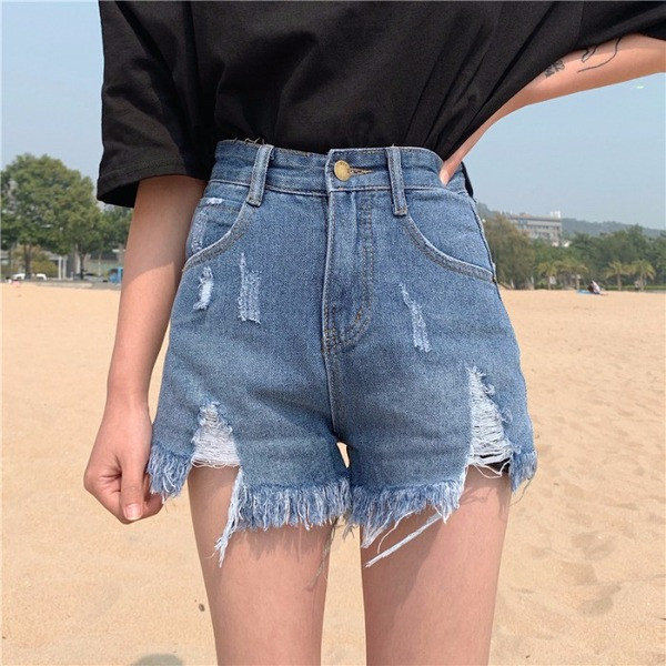 Модерни дамски дънки с висока талия и разкъсани мотиви в два цвята