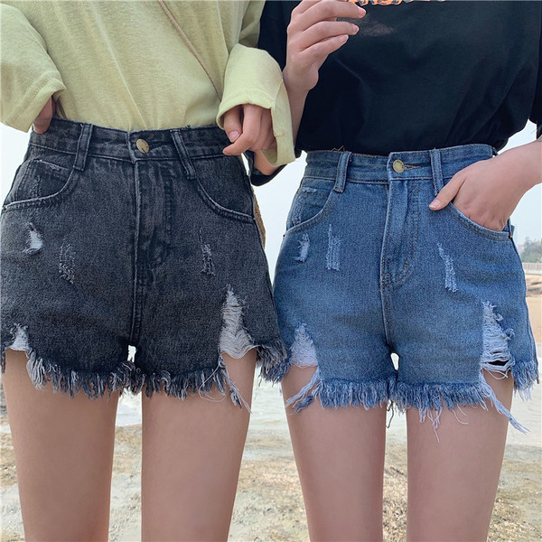 Модерни дамски дънки с висока талия и разкъсани мотиви в два цвята