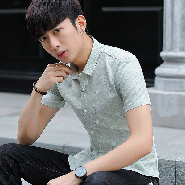 Cămașă elegantă pentru bărbați, cu mâneci scurte, în verde și gri