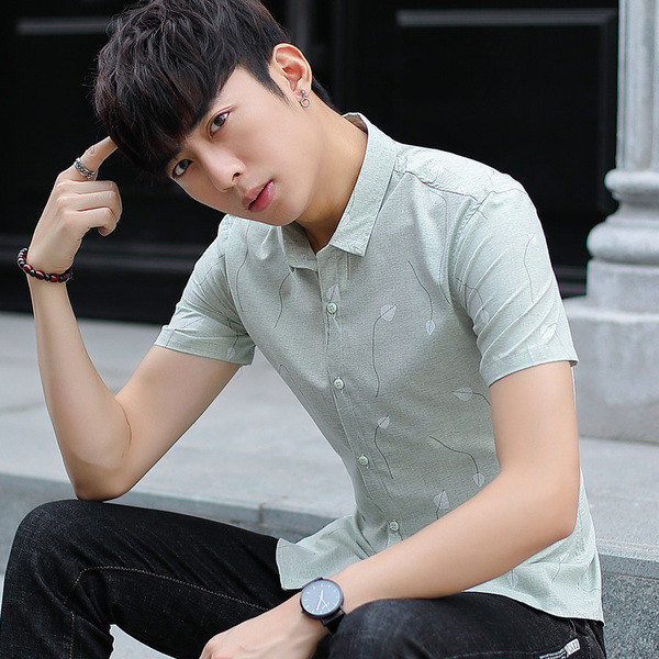 Cămașă elegantă pentru bărbați, cu mâneci scurte, în verde și gri