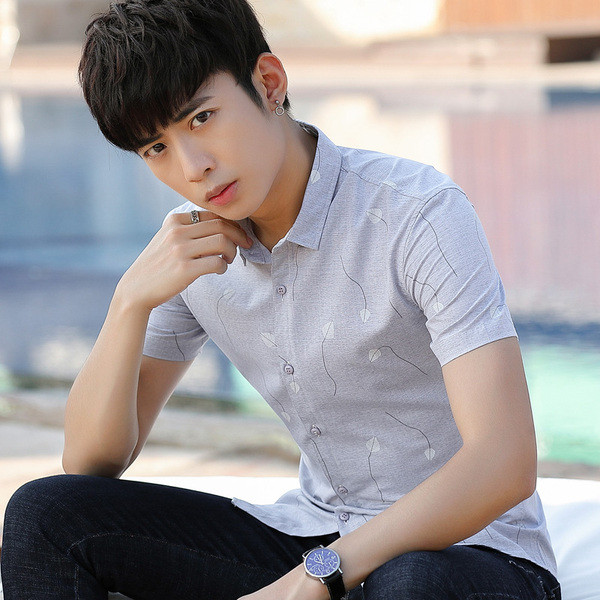 Cămașă elegantă pentru bărbați, cu mâneci scurte, în verde și gri