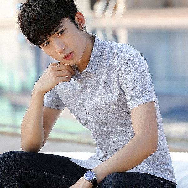 Cămașă elegantă pentru bărbați, cu mâneci scurte, în verde și gri