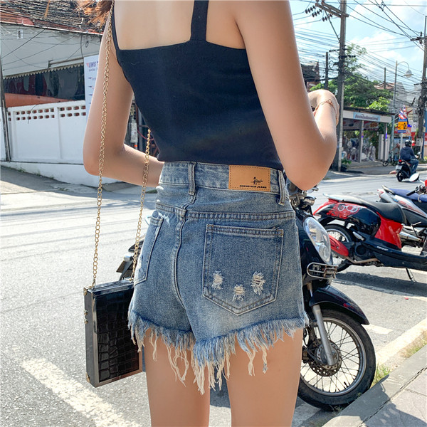 Blugi scurti moderni de dama cu motive rupte si talie inalta in albastru si negru