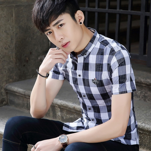 Férfi kockás ing rövid ujjú fekete és kék színben