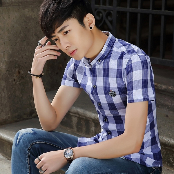 Férfi kockás ing rövid ujjú fekete és kék színben