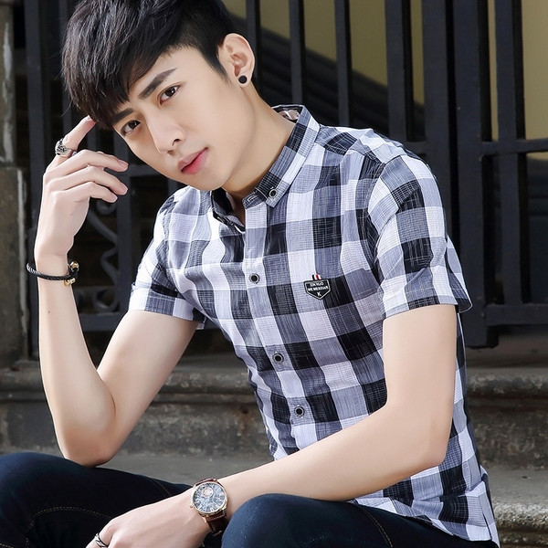 Férfi kockás ing rövid ujjú fekete és kék színben