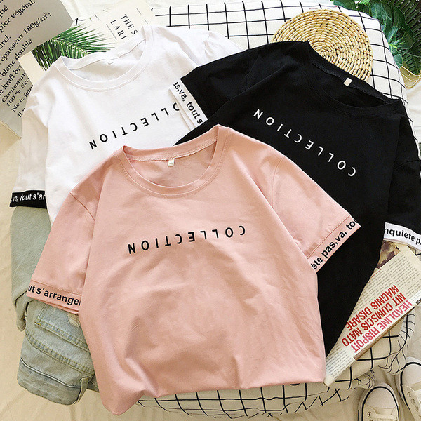 Tricou casual dama cu inscriptie alb, negru si roz