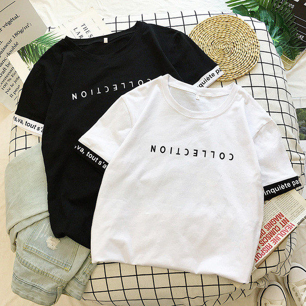 Tricou casual dama cu inscriptie alb, negru si roz