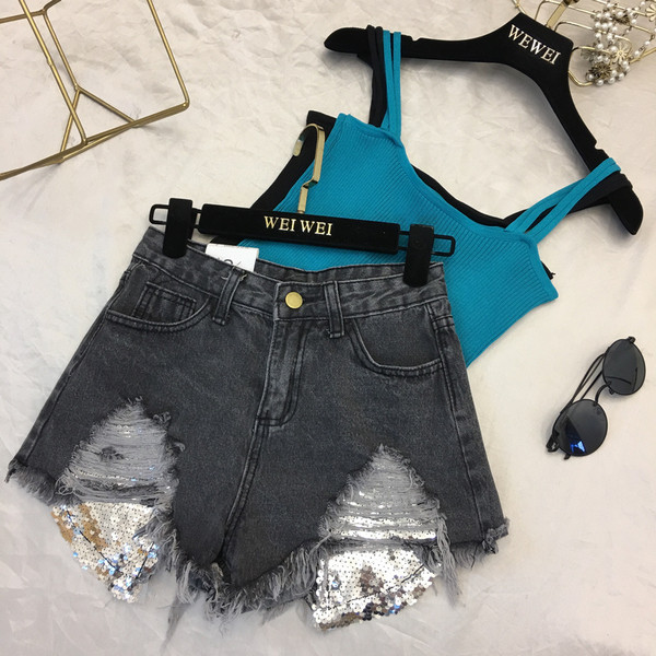 Blugi moderni de dama in albastru si negru cu motive rupte si paiete