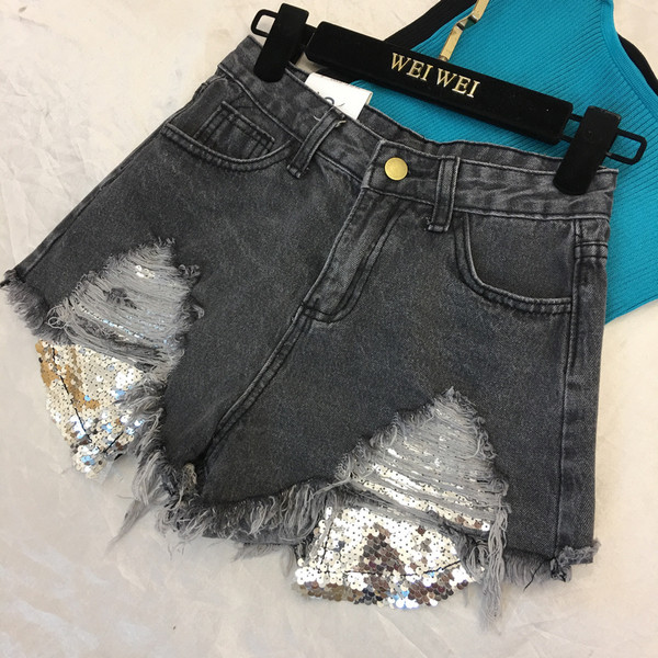 Blugi moderni de dama in albastru si negru cu motive rupte si paiete