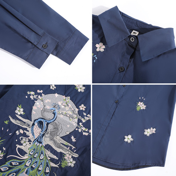 Modern női ing fehér és sötétkék hímzéssel