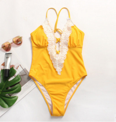 Costum de baie intreg de dama actual cu element de dantela in doua culori