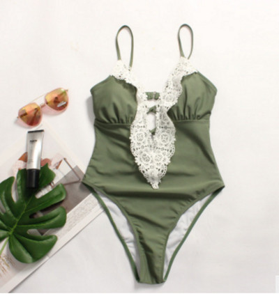 Costum de baie intreg de dama actual cu element de dantela in doua culori