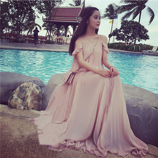 Rochie de dama lunga de culoare roz cu bretele subtiri