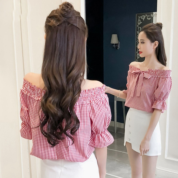 Modern női ing ejtett ujjakkal, piros és fekete színben