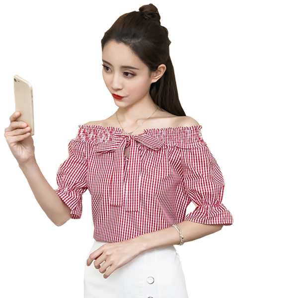 Modern női ing ejtett ujjakkal, piros és fekete színben