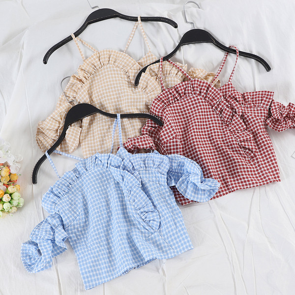 Bluză de damă modernă în carouri cu bretele în trei culori