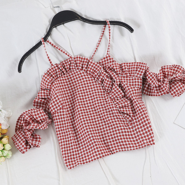 Bluză de damă modernă în carouri cu bretele în trei culori