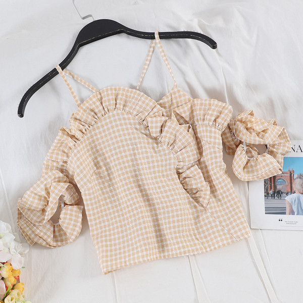 Bluză de damă modernă în carouri cu bretele în trei culori