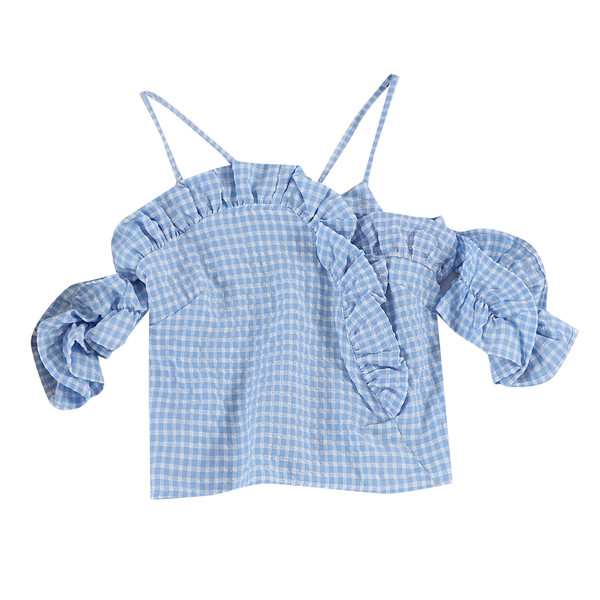 Bluză de damă modernă în carouri cu bretele în trei culori