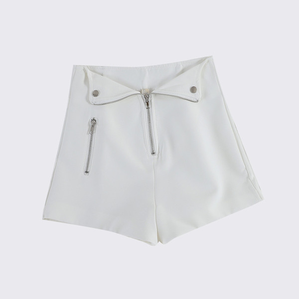 Pantaloni scurți eleganti de damă, cu fermoar, în alb-negru