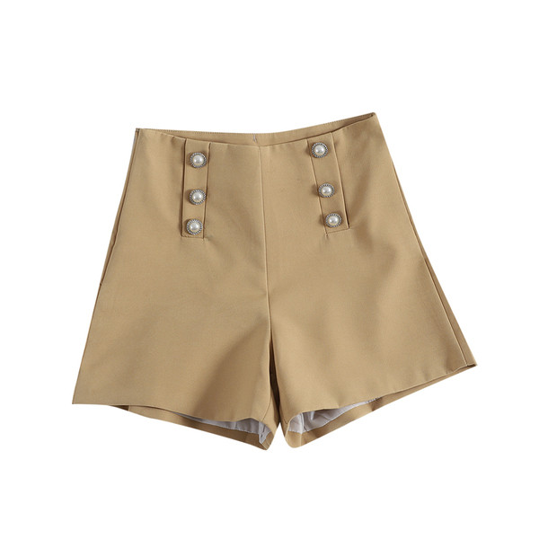 Pantaloni scurti moderni de dama cu perle si talie inalta