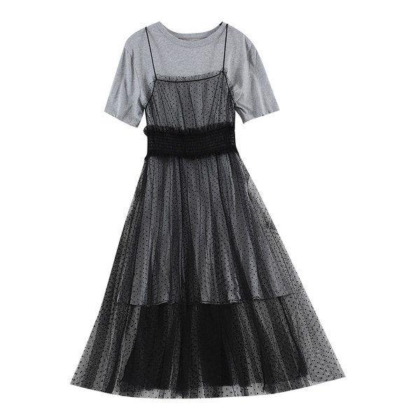 Rochie moderna de dama cu tul in trei culori cu maneci scurte