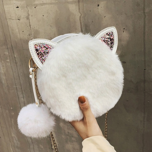 Geantă de mână rotundă elegantă cu lanț metalic și puf