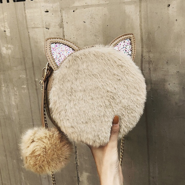 Geantă de mână rotundă elegantă cu lanț metalic și puf