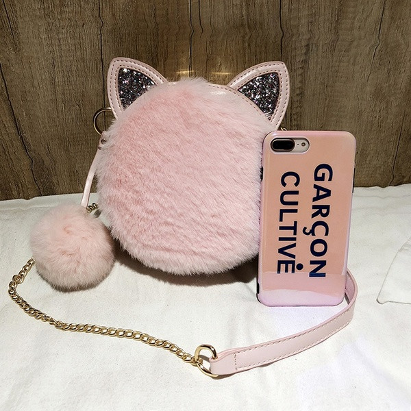 Geantă de mână rotundă elegantă cu lanț metalic și puf