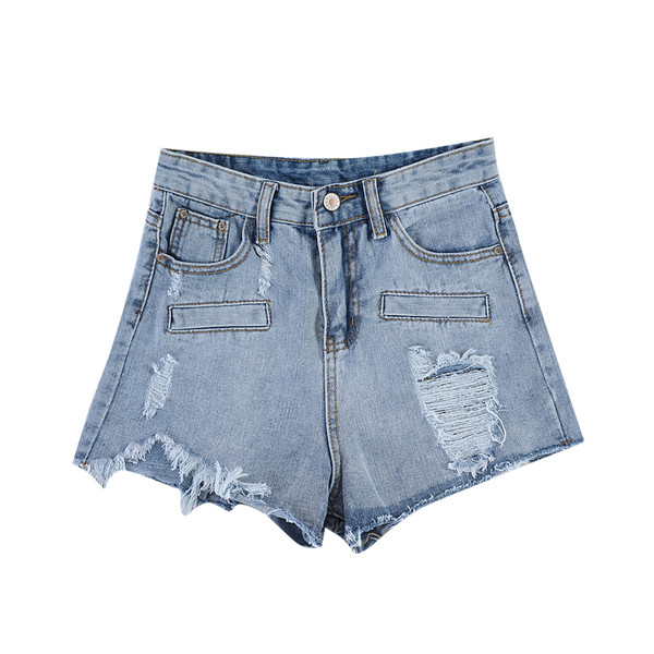 Blugi scurti moderni de dama cu motive rupte si buzunar in albastru