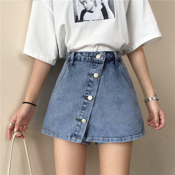 Női farmer-szoknya két színben, gombokkal